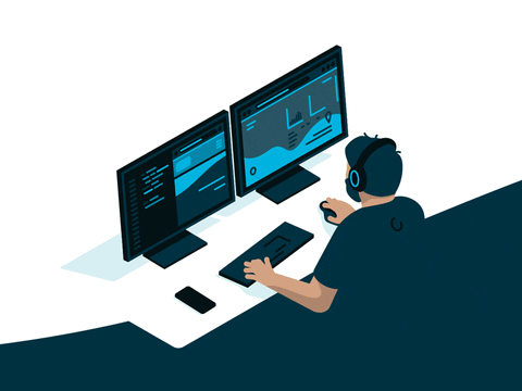 animation of guy sitting at computer coding