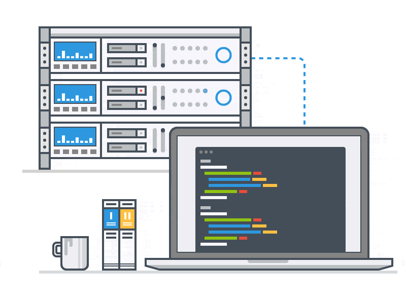 animation trying to convey code work being transmitted and managed on servers in the background